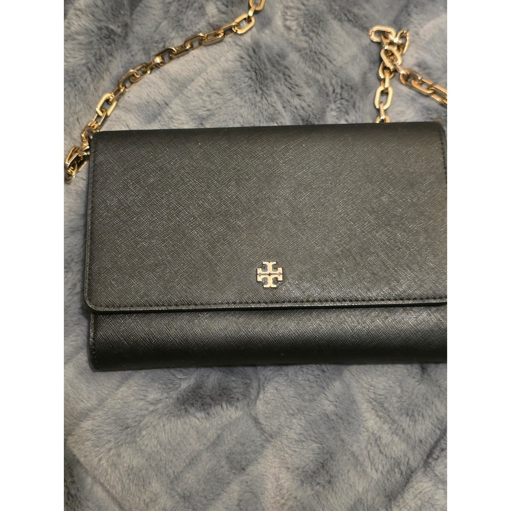 Tory Burch Robinson Chain Wallet Crossbody Black Saffiano Leather Gold Hardware